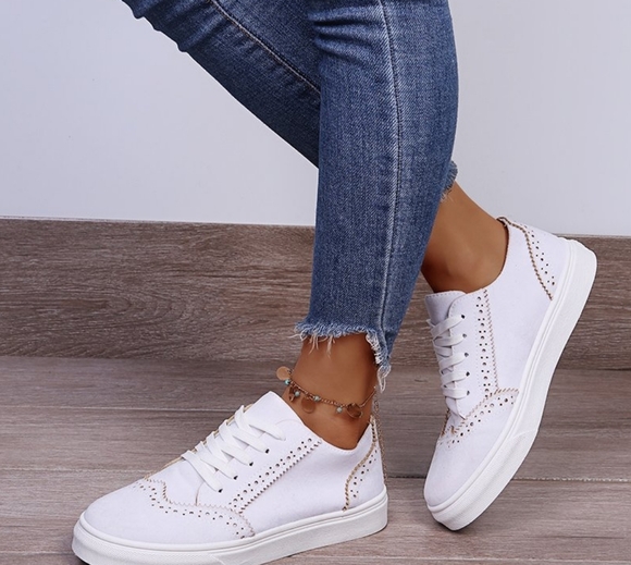 Dear Monkey Lace-Up Suedette Flat Sneakers – Comfy White Suede-Look Casual Shoes - Picture 3 of 3